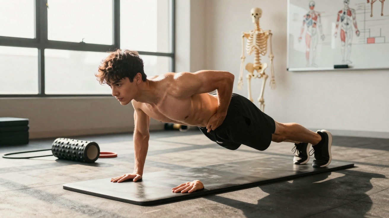 Homem jovem a fazer flexões numa esteira numa sala de treino com modelo de esqueleto ao fundo.