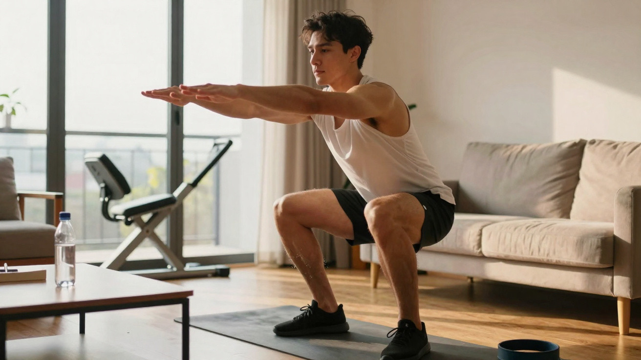 Homem a fazer agachamento em cima de tapete de yoga numa sala iluminada e moderna.