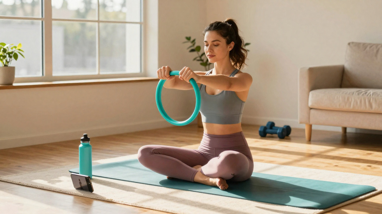 Mulher a fazer exercícios de pilates com anel no tapete, junto a garrafa e telemóvel, em sala iluminada.