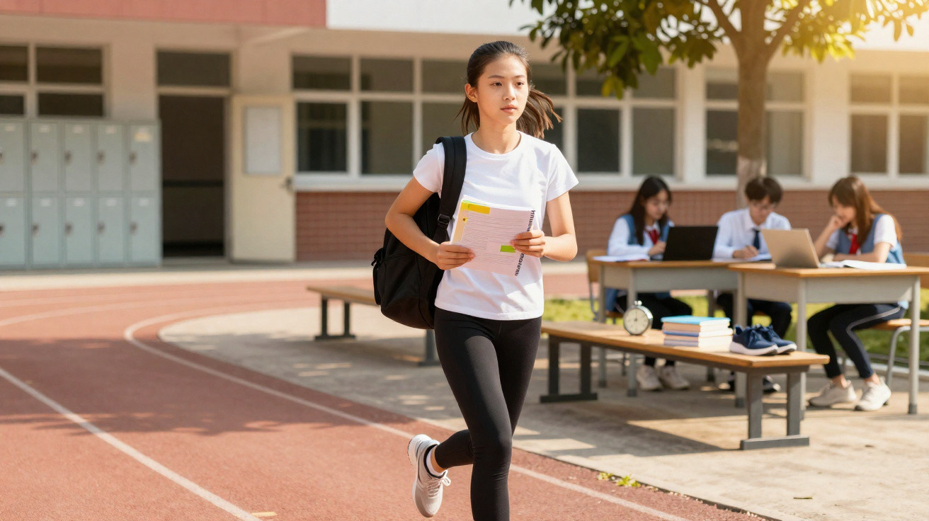 Rapaz asiática a correr numa pista desportiva com mochila e caderno, com três colegas sentados ao fundo.