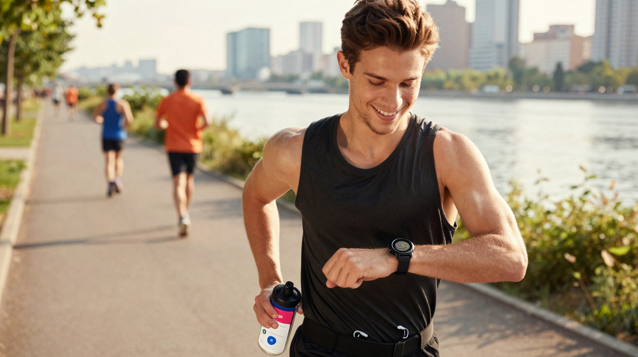Homem a correr junto a um rio, a olhar para o relógio no pulso e a segurar uma garrafa de água.
