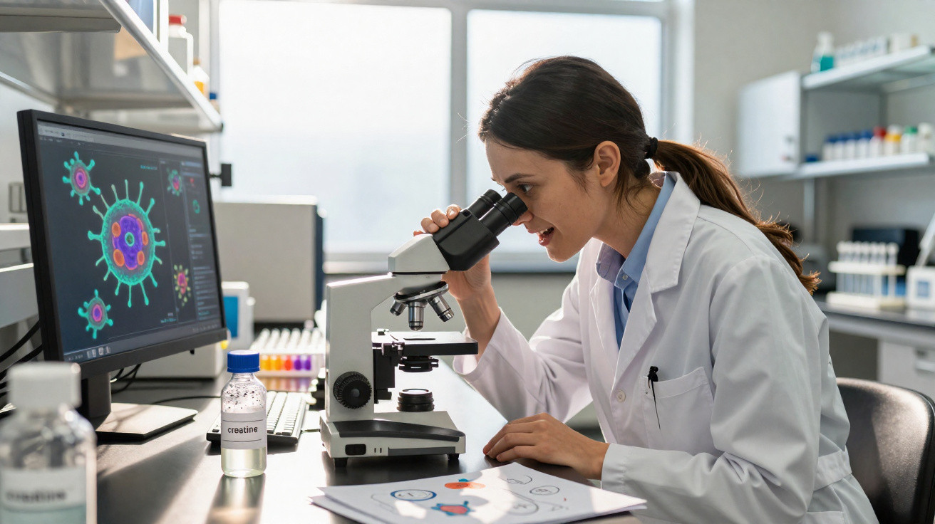 Cientista de bata branca a observar amostra no microscópio num laboratório com imagens de vírus no ecrã.