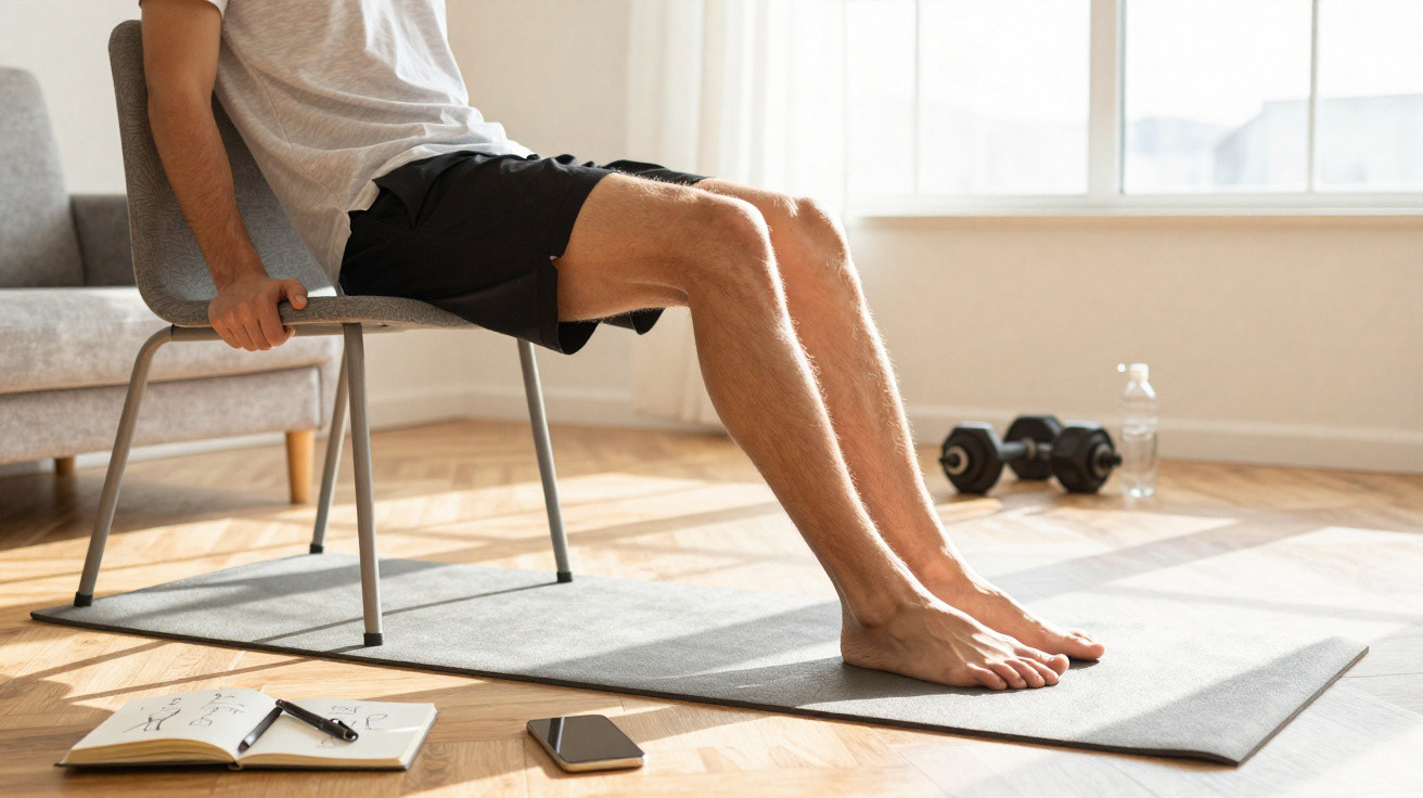 Pessoa sentada numa cadeira a fazer exercício com pernas esticadas numa manta de yoga em casa.