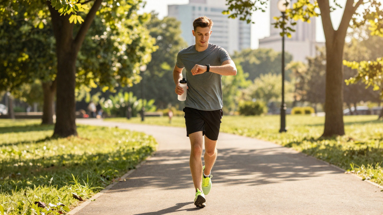 Homem jovem a correr num parque urbano com garrafa de água e relógio no pulso.