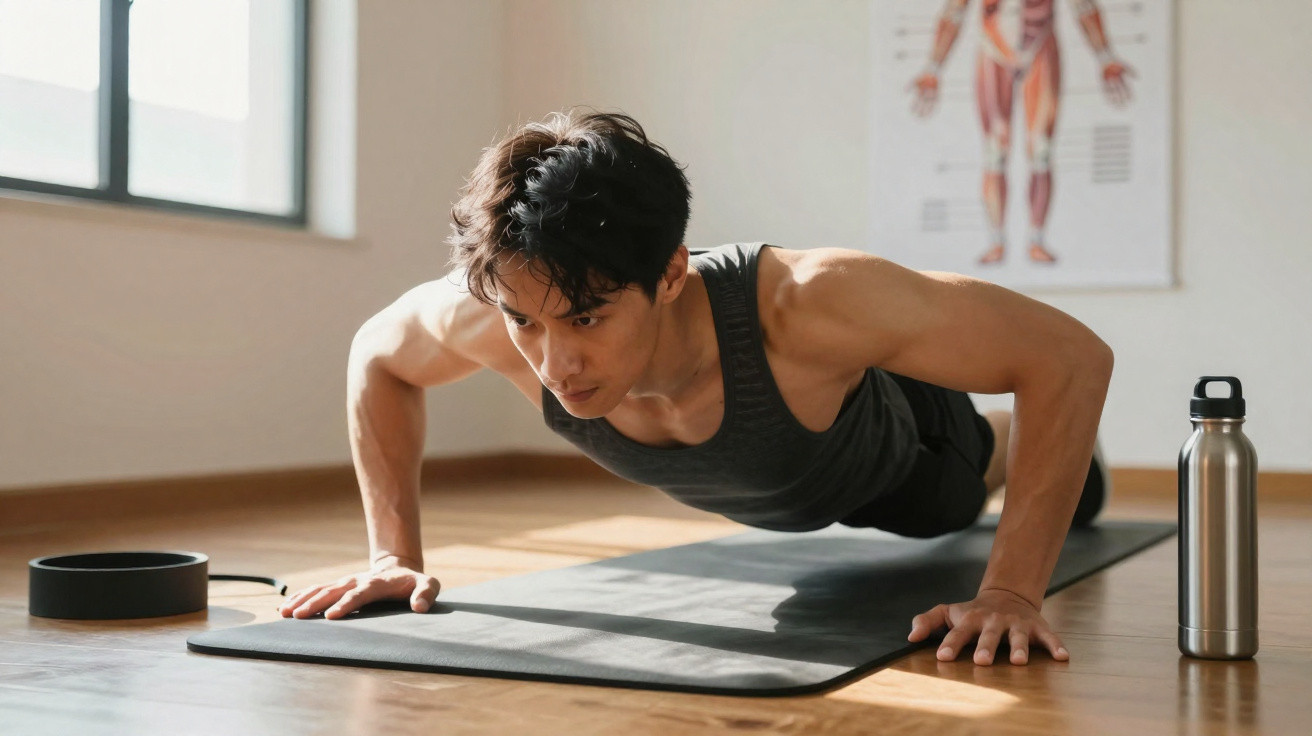 Homem a fazer flexões num tapete de yoga numa sala com luz natural.