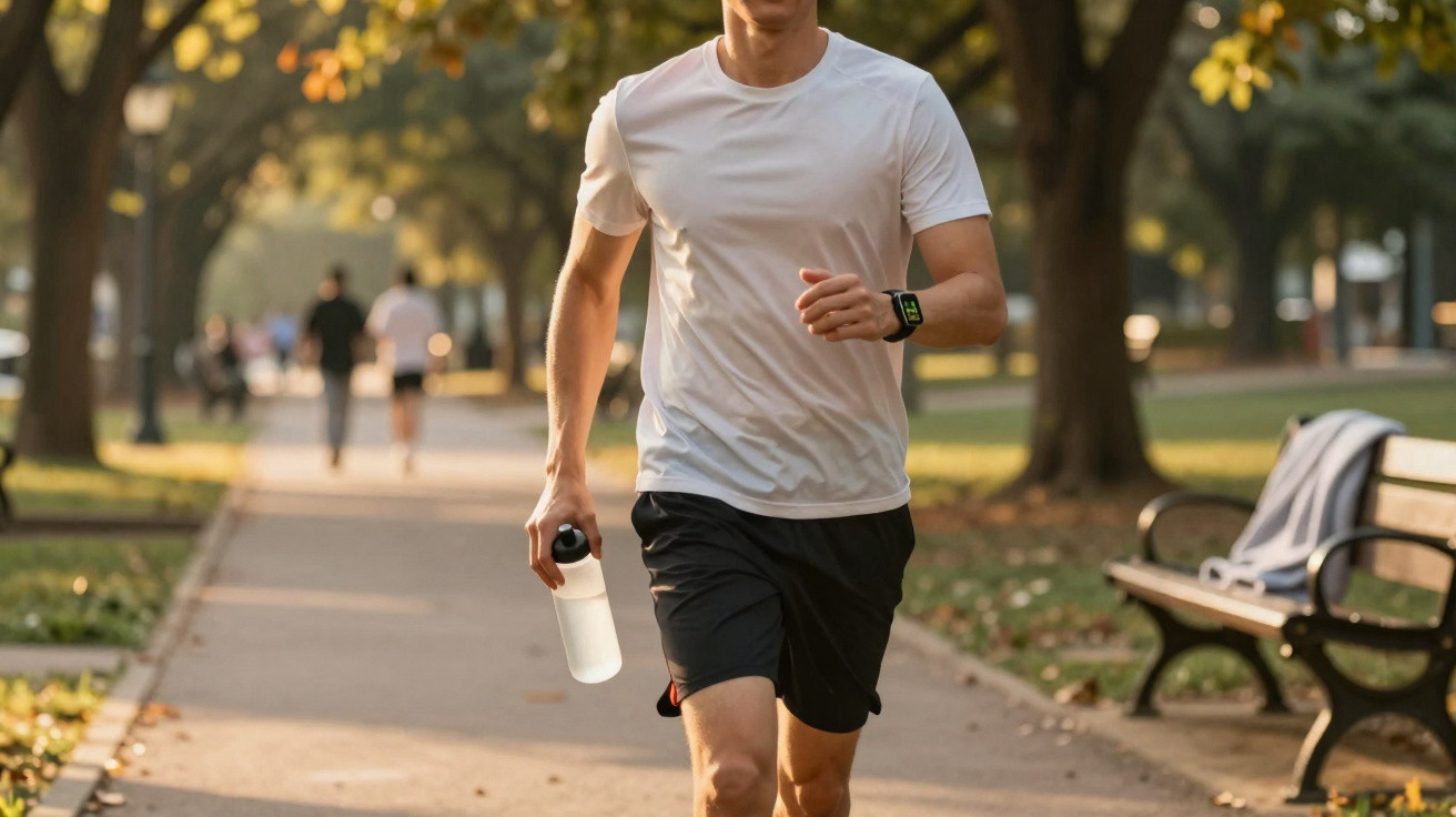 Homem a correr num parque com algodão branco e calções pretos, segurando garrafa de água.