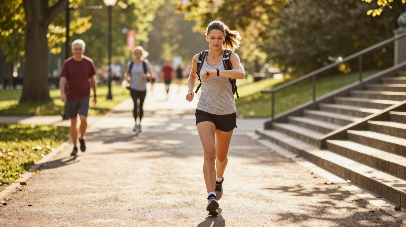 Mulher a correr num parque ensolarado, a olhar para o relógio no pulso, com outras pessoas a caminhar atrás.