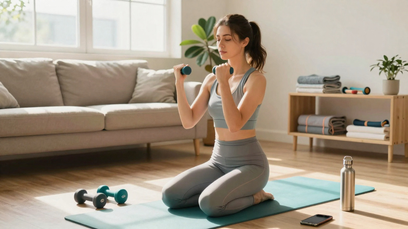 Mulher a fazer exercícios com halteres numa sala iluminada, ajoelhada num tapete de yoga.